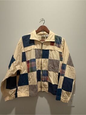 VTG Koret City Blues Patchwork Plaid Zip Up Jacket Oversized Sz M 90s Grandpa